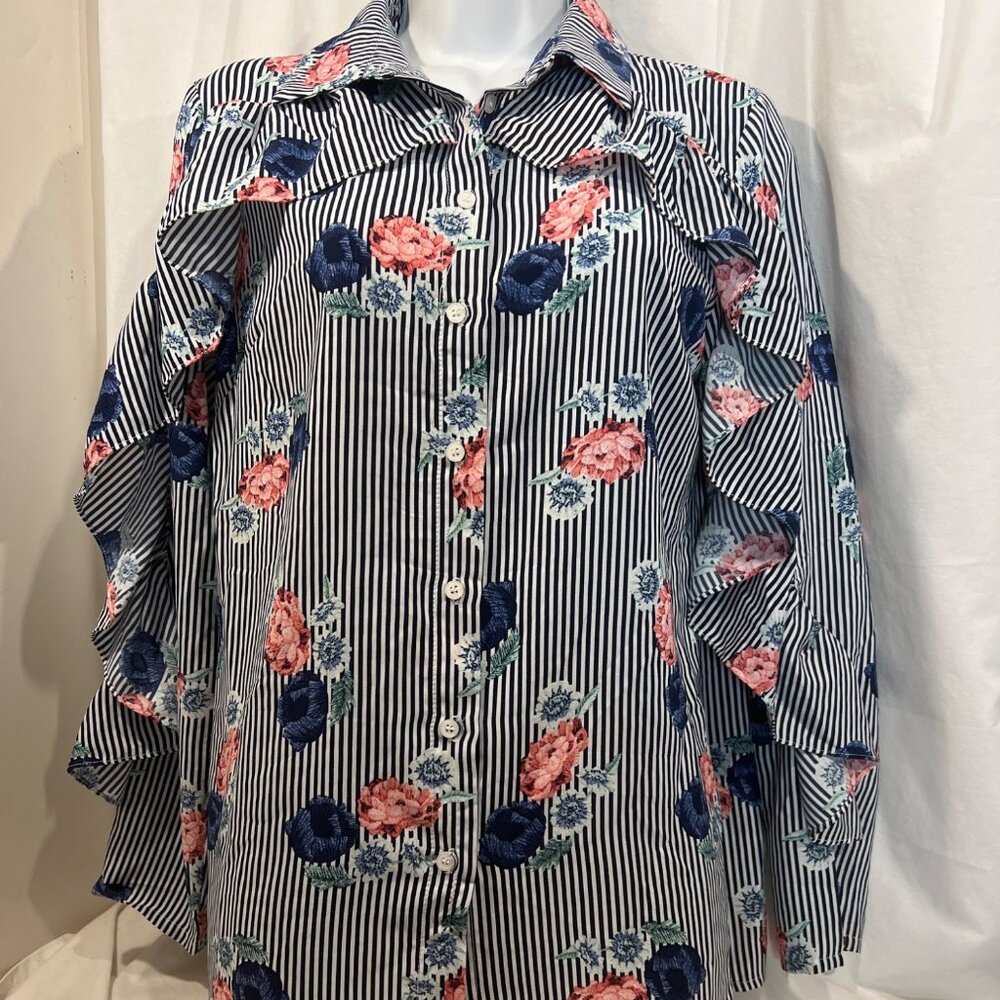 NEEDLEWORK blue white stripe floral LS ruffle blouse Women S